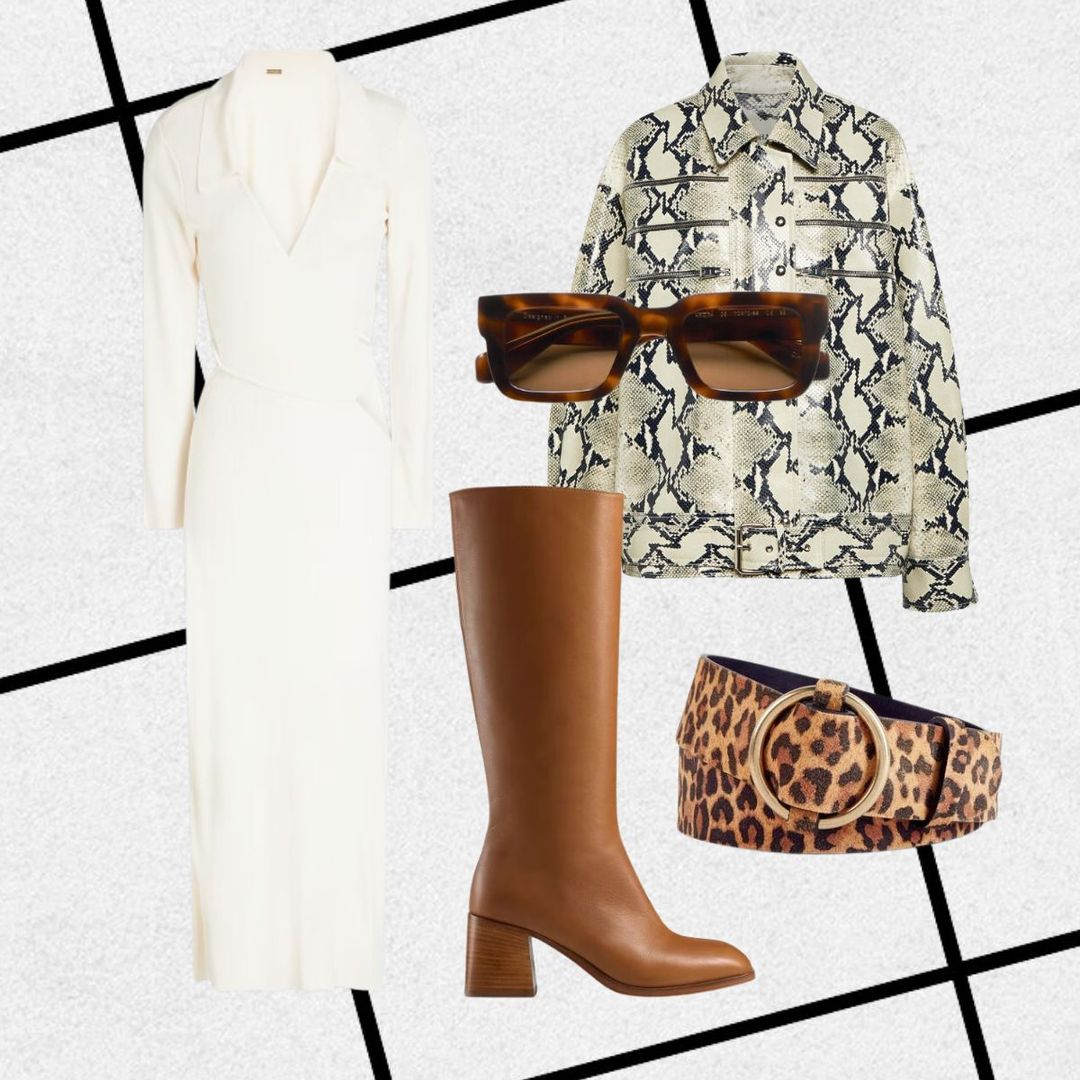 Outfit consisting of snakeskin print jacket, knitted cream midi dress, tan knee-high boots and tortoiseshell sunglasses