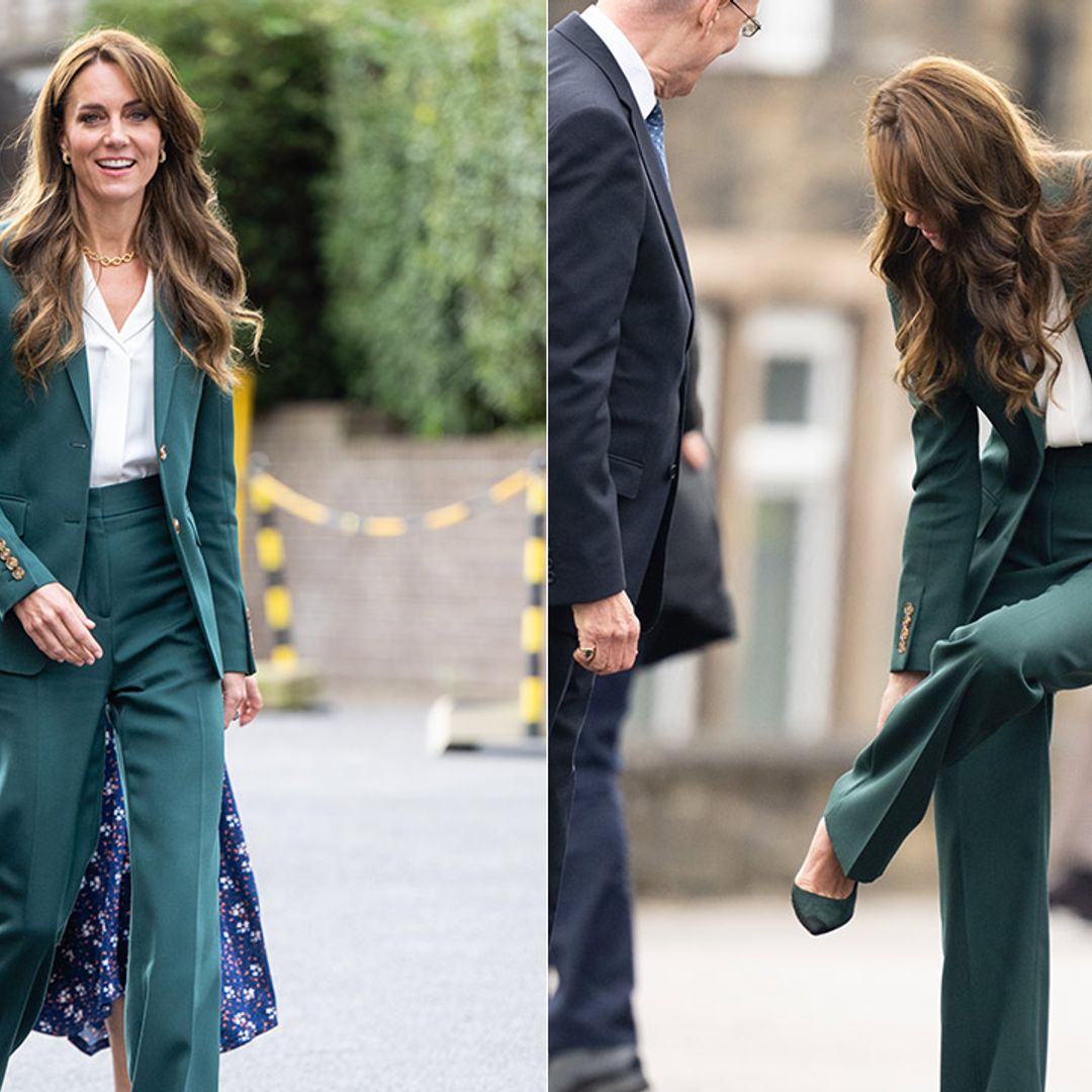 Princess Kate laughs off awkward shoe moment as she visits textile mill in Leeds – best photos