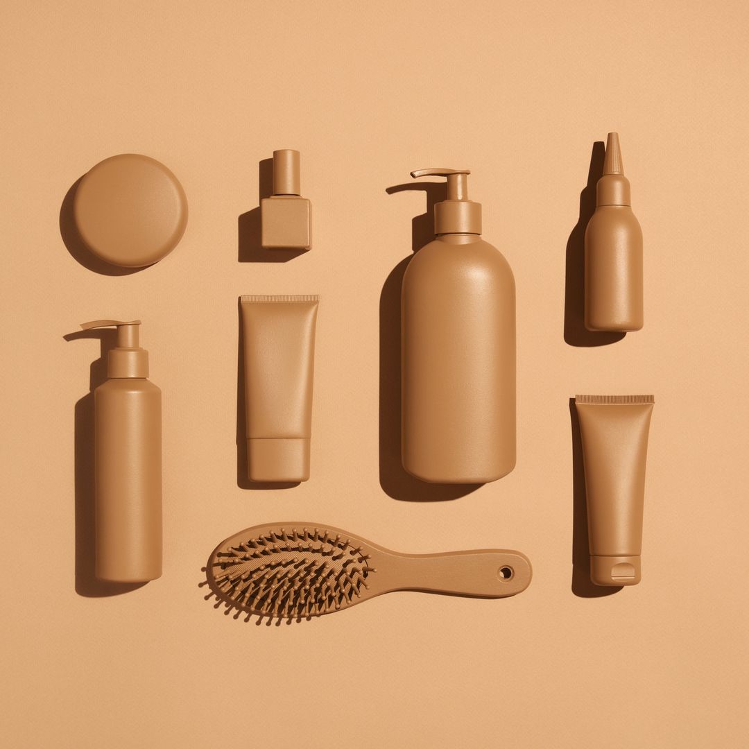 Flat lay photo of hand-painted beauty products in monochrome beige color