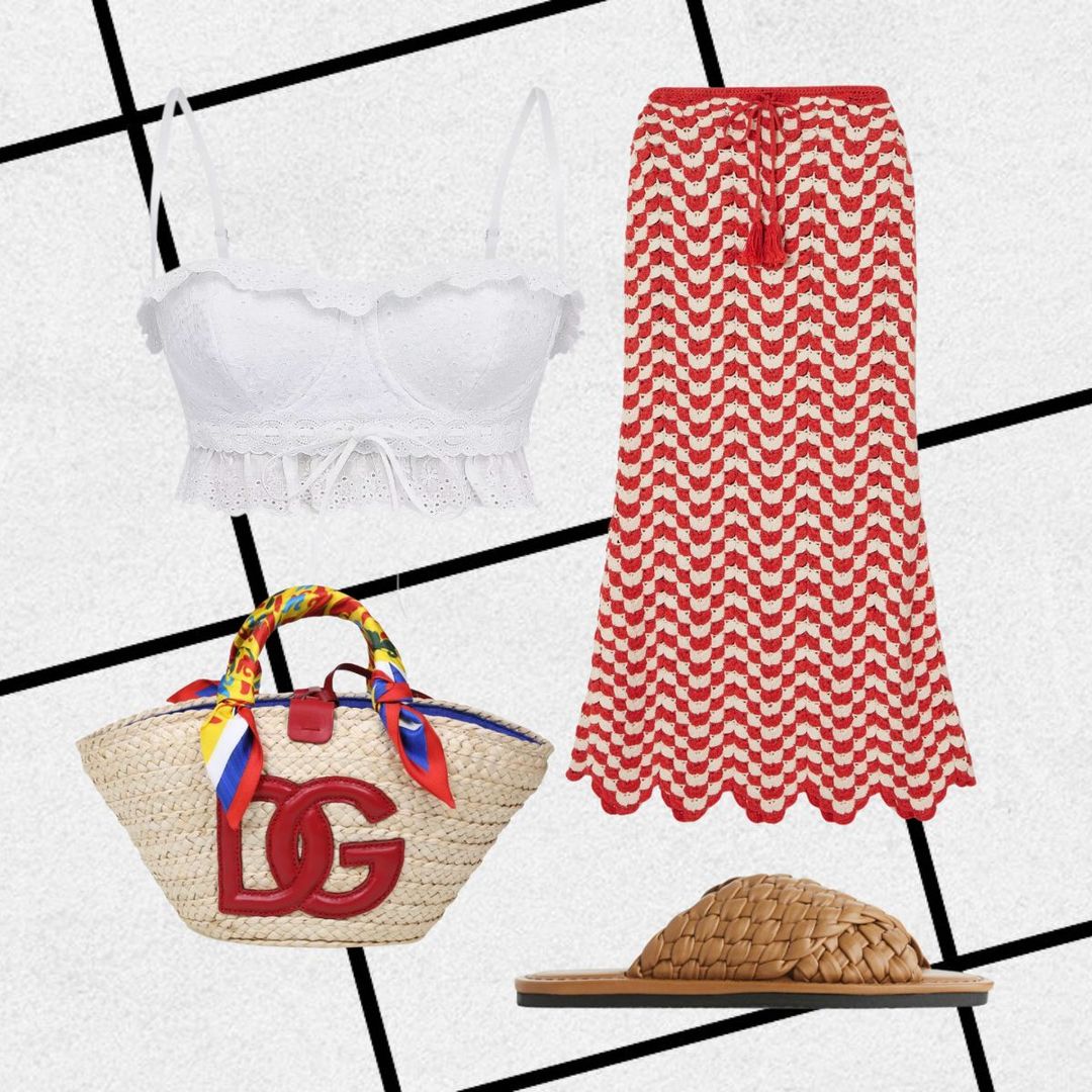 Outfit consisting of white crop top, crochet maxi skirt, tan slides and Dolce & Gabbana beach bag 
