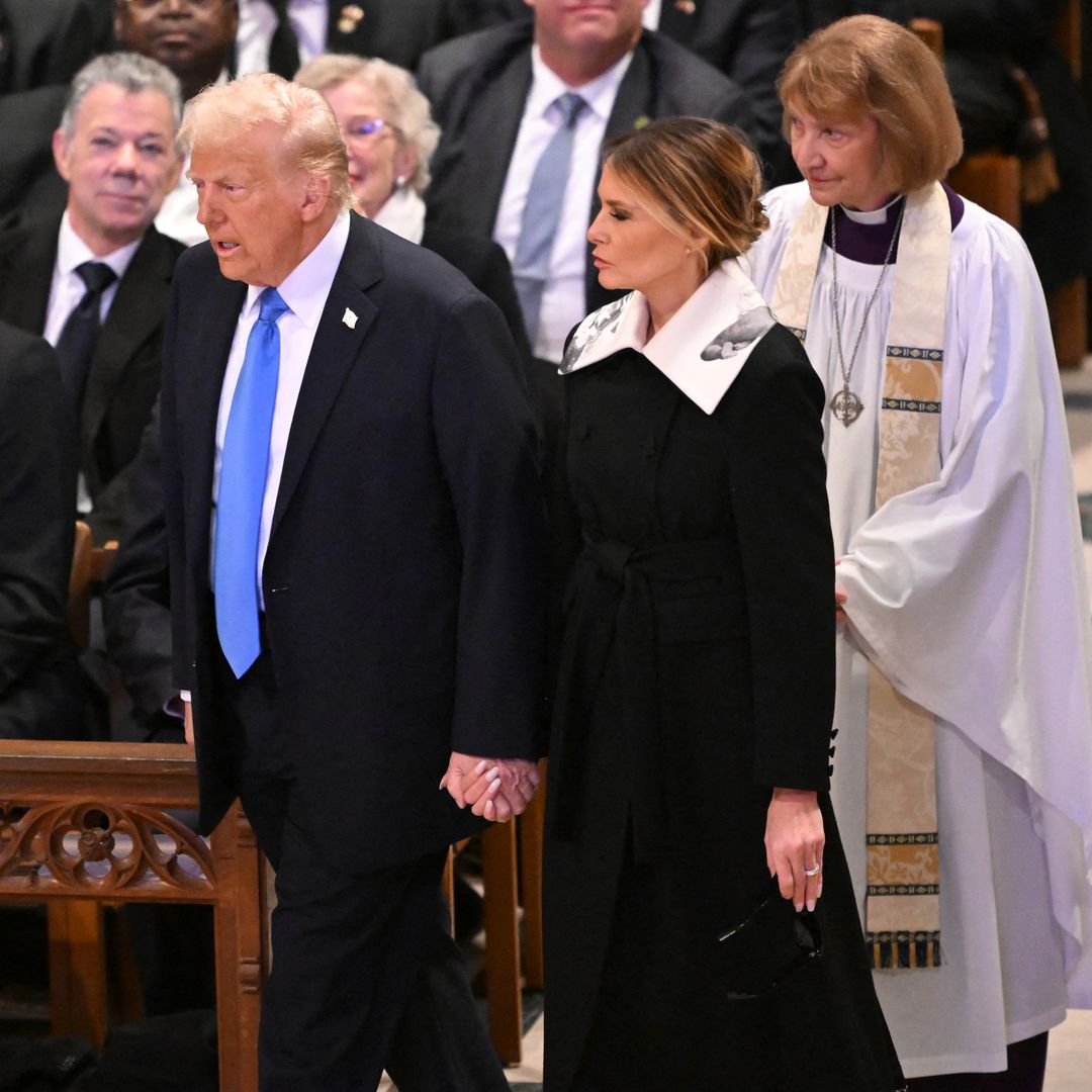 US President-elect Donald Trump and former First Lady Melania Trump arrive to attend the State Funeral Service for former US President Jimmy Carter at the Washington National Cathedral in Washington, DC, on January 9, 2025.