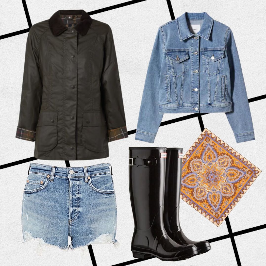 Festival outfit with Barbour coat, denim jacket and shorts and wellies 