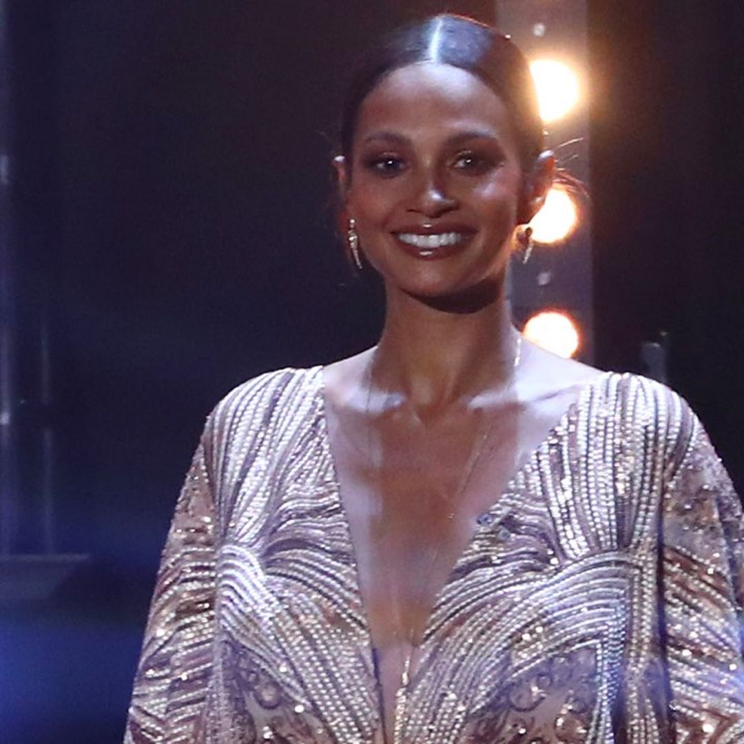 Alesha Dixon covers her baby bump on Britain's Got Talent wearing a shimmering rose gold dress