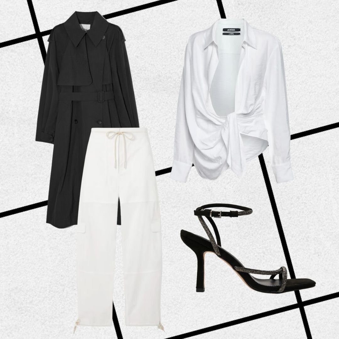 Outfit consisting of black trench, white front-tie shirt, cargo pants and black minimalist diamante sandals 
