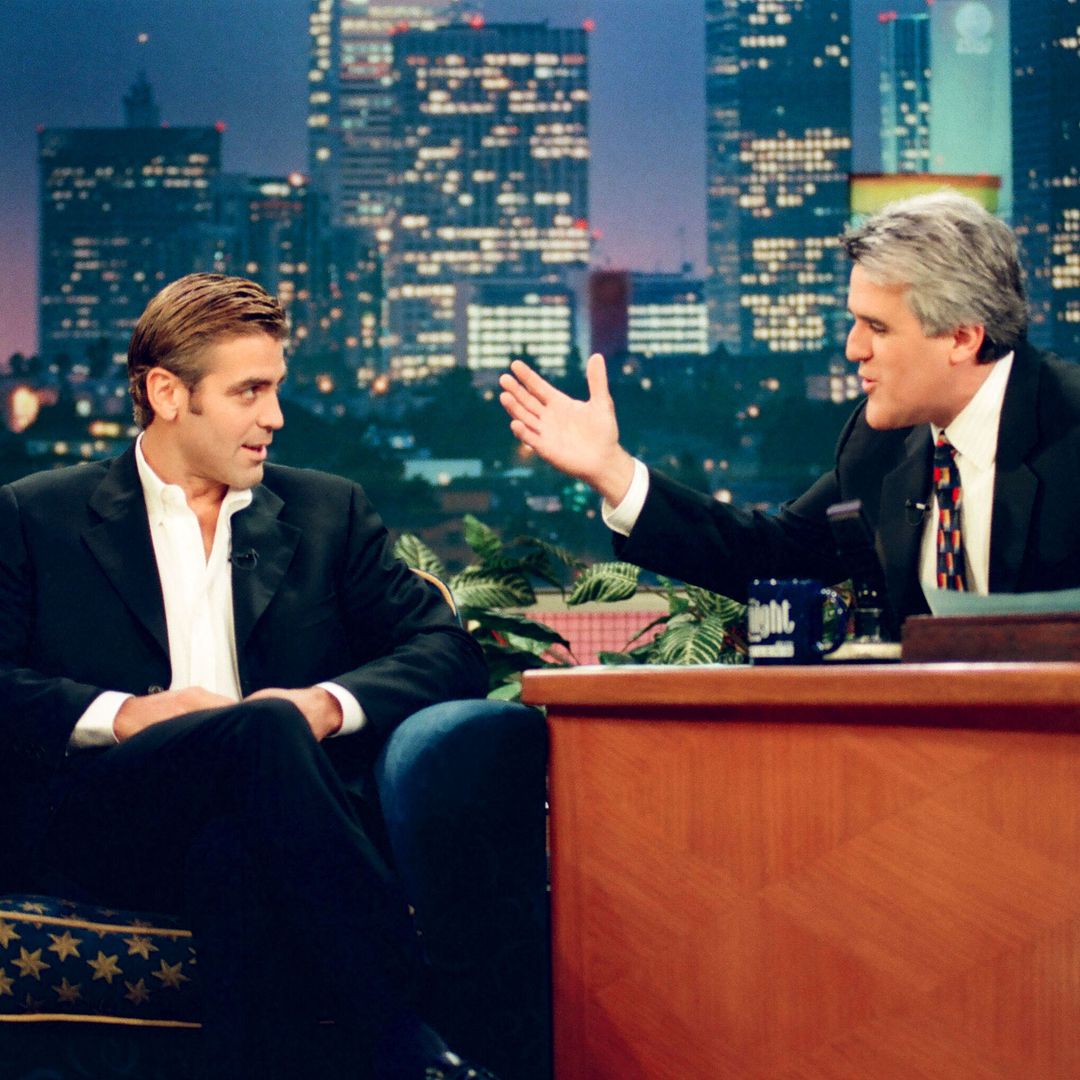 THE TONIGHT SHOW WITH JAY LENO -- Episode 1404 -- Pictured: (l-r) Actor George Clooney during an interview with host Jay Leno on June 25, 1998