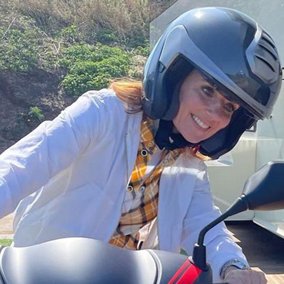 Geri Horner rides a motorbike in the chicest mini dress and heels