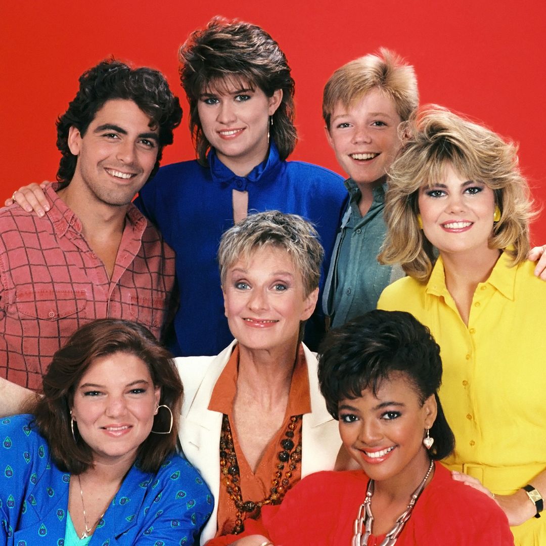Pictured: (clockwise from left) George Clooney as George Burnett, Nancy McKeon as Joanna 'Jo' Marie Polniaczek Bonner, Mackenzie Astin as Andy Moffet Stickle, Lisa Whelchel as Blair Warner, Kim Fields as Dorothy 'Tootie' Ramsey, Mindy Cohn as Natalie Letisha Sage Green (center) Cloris Leachman as Beverly Ann Stickle