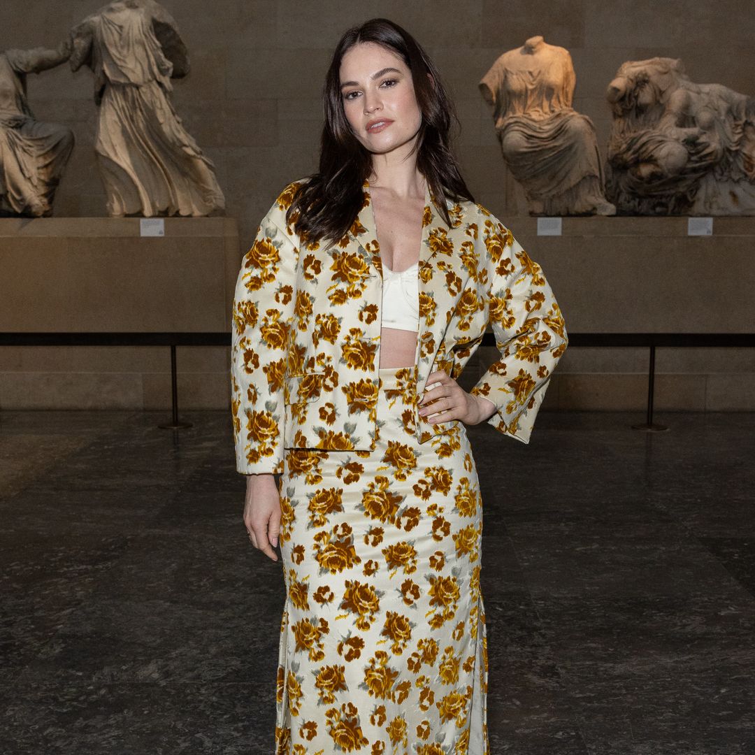 Lily James brings party energy to Prada in a high-drama fringe ensemble
