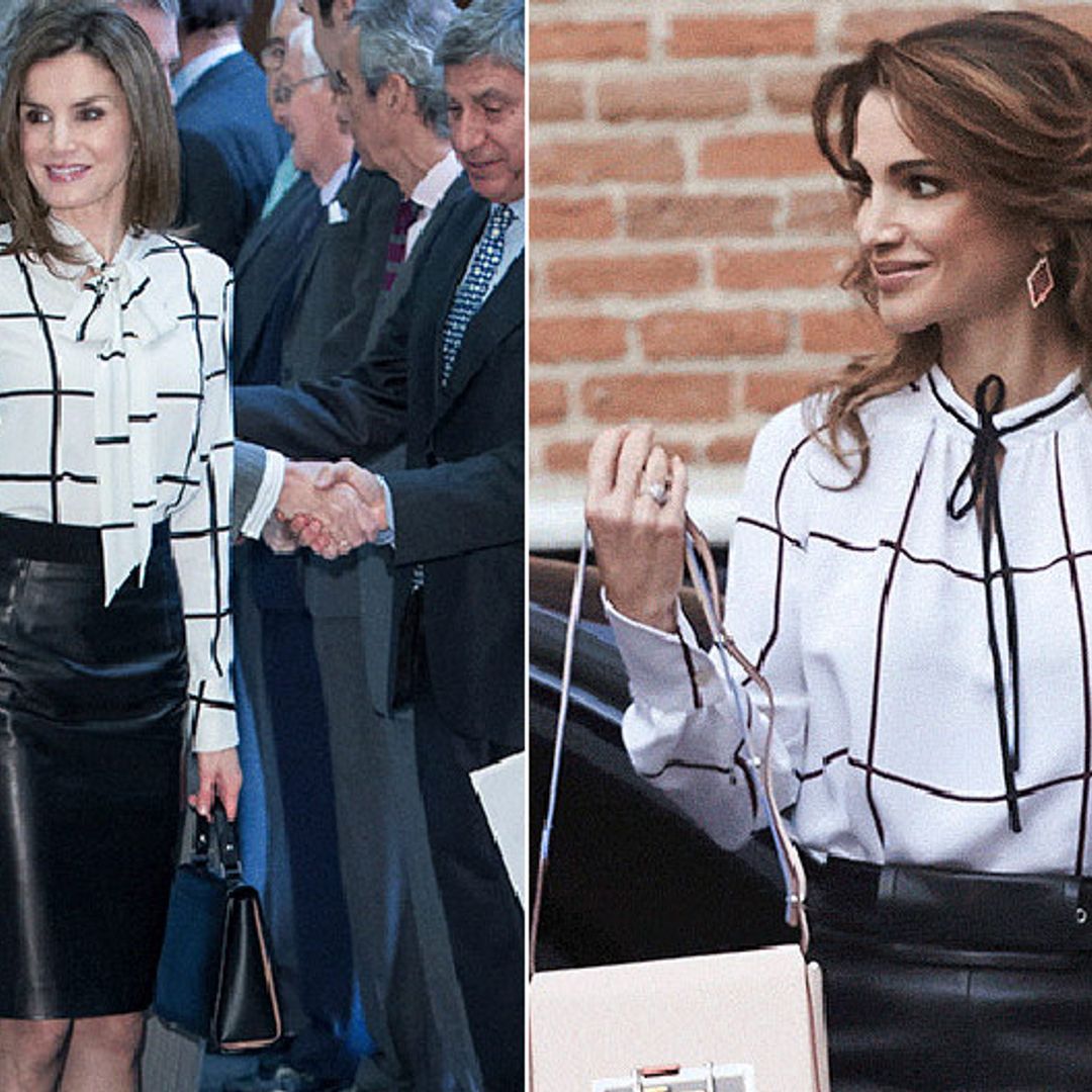 Queen Letizia of Spain has a twinning moment as she wears the same outfit as Queen Rania