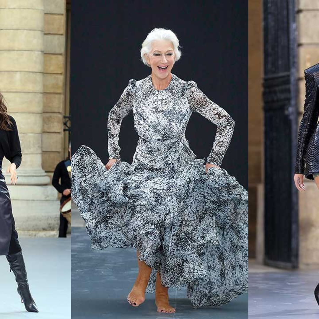Dame Helen Mirren, 74, walks the catwalk at Paris Fashion Week alongside Cheryl and Eva Longoria