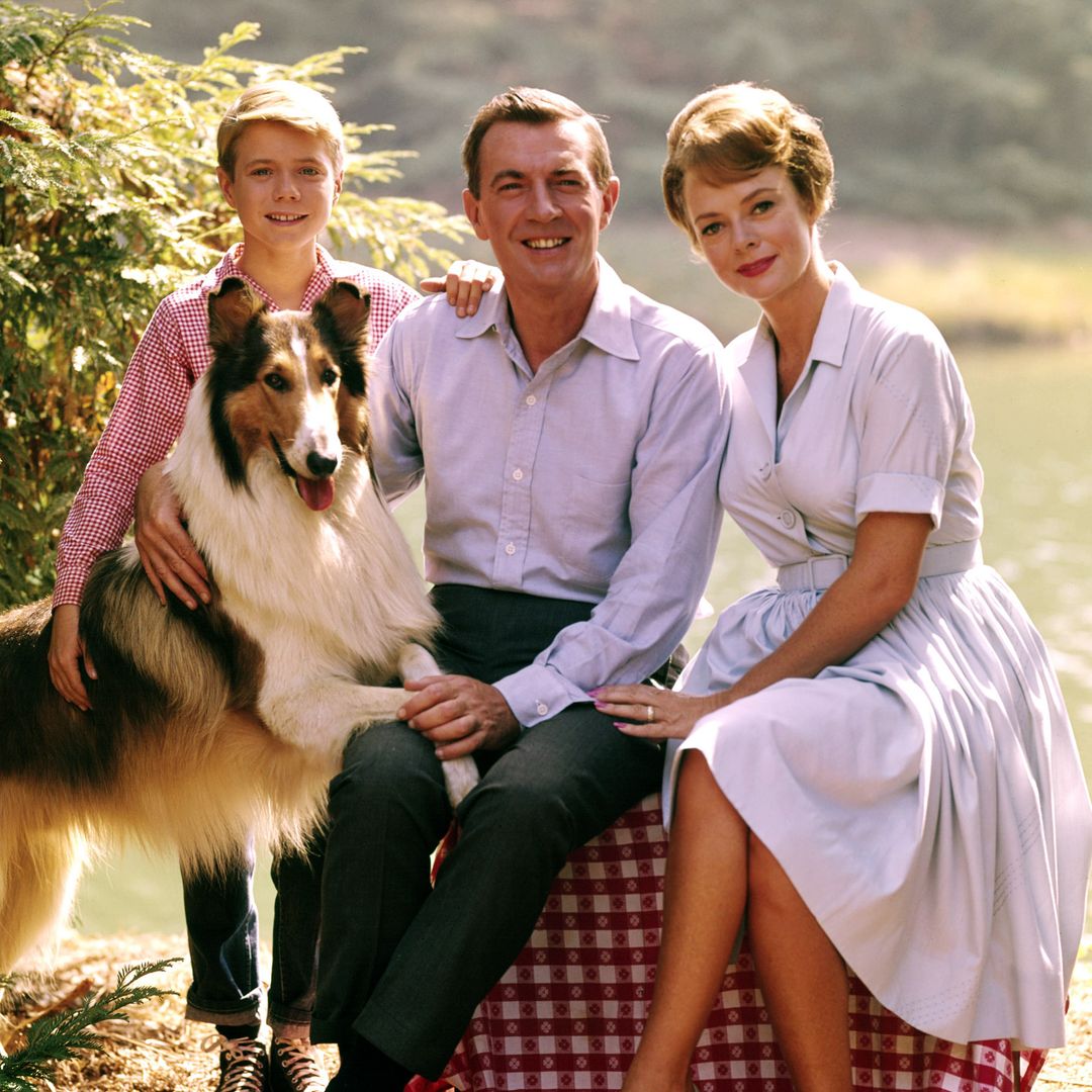 Lassie with Jon Provost, US child actor, June Lockhart, US actress, and Hugh Reilly (1915-1998), US actor, pose for a group portrait issued as publicity for the US television series, 'Lassie', USA, circa 1955. The television drama starred Provost as 'Timmy Martin', Lockhart as 'Ruth Martin', and Reilly as 'Paul Martin'