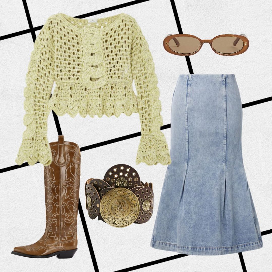 Festival outfit with crochet top, denim midi skirt and cowboy boots 