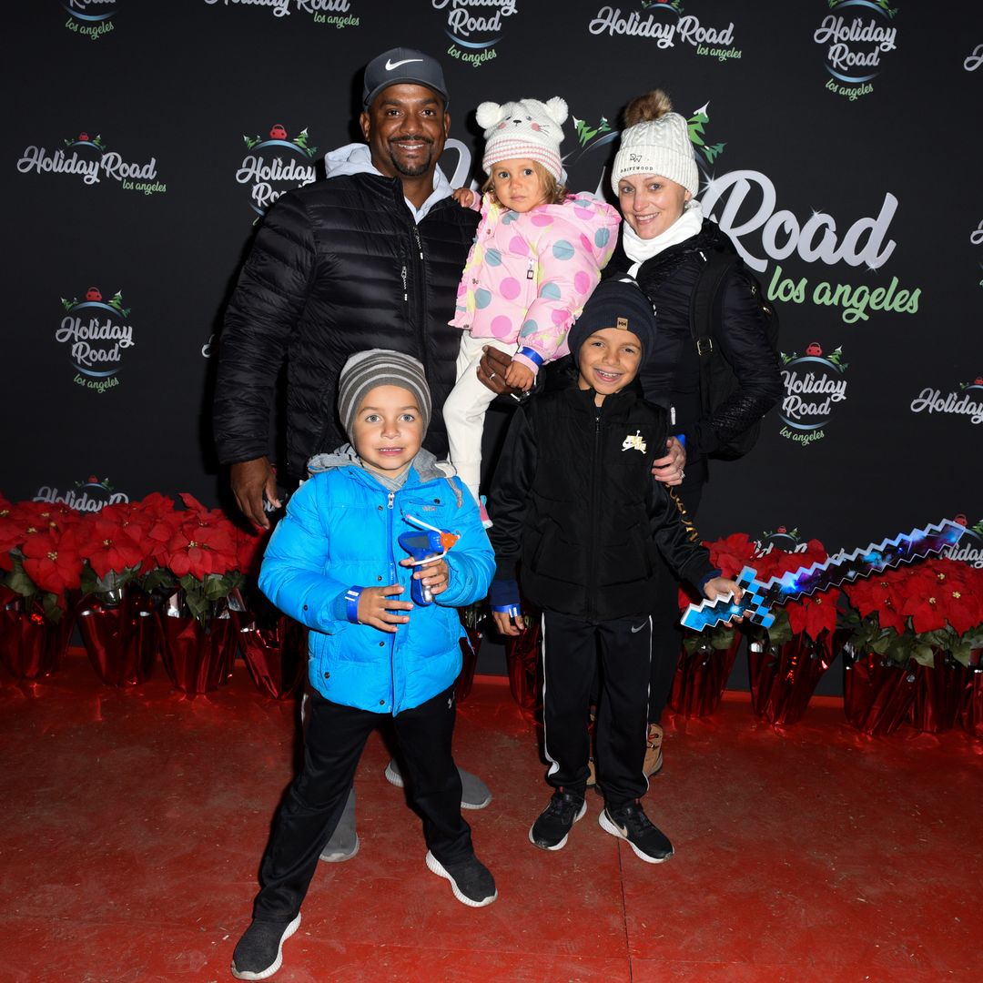 Alfonso Ribeiro, Angela Unkrich and their kids Alfonso Ribeiro, Jr., Ava Ribeiro and Anders Ribeiro attend the Holiday Road Friends & Family Preview Night 2021 at King Gillette Ranch on December 04, 2021 in Calabasas, California