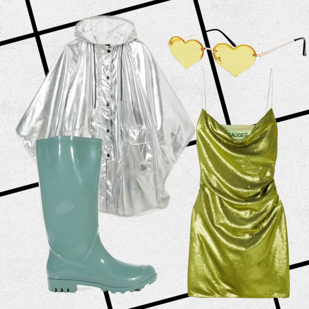 Festival outfit with metallic poncho, sequin dress, teal wellies and yellow heart sunglasses 