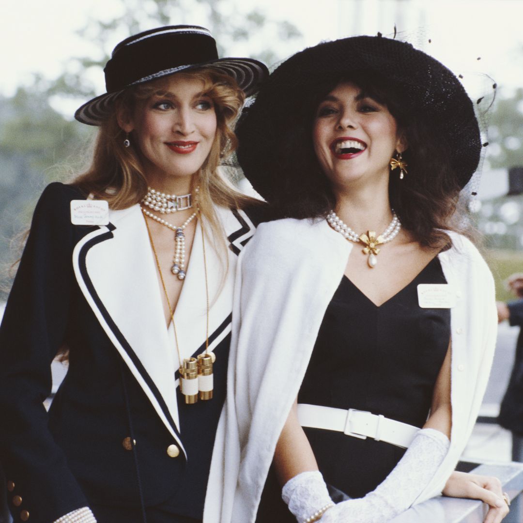 Jerry Hall alongside model Marie Helvin at Ascot in 1982 