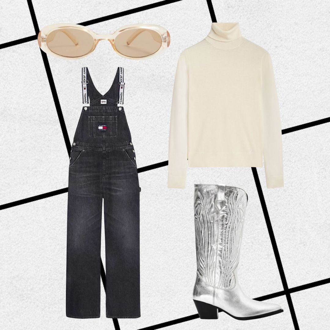 Outfit consisting of black dungarees, cream polo knit, silver boots and clear oval sunglasses 