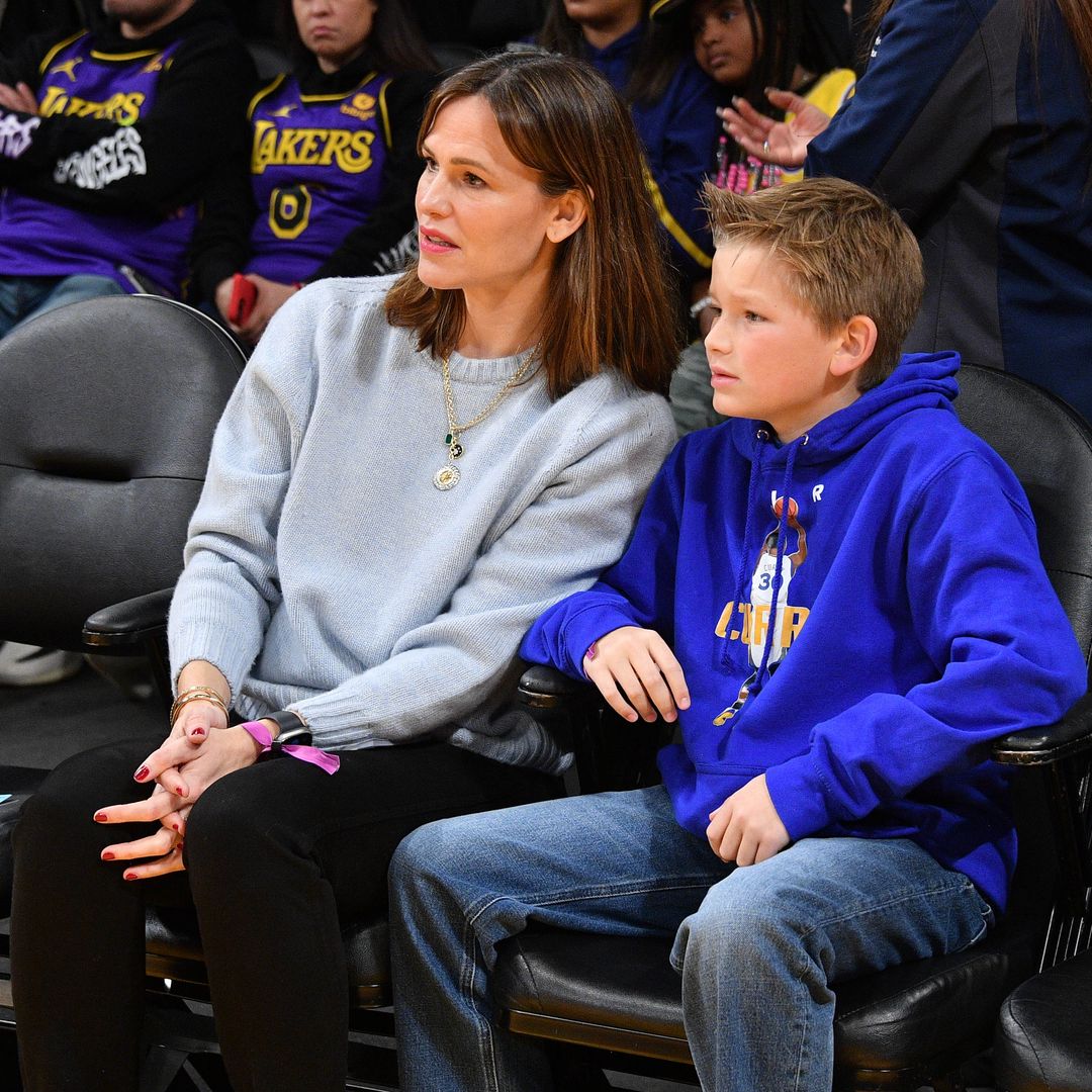 Jennifer Garner and her son Samuel Garner Affleck attend a basketball game between the Los Angeles Lakers and the Golden State Warriors at Crypto.com Arena on March 05, 2023 in Los Angeles, California. 