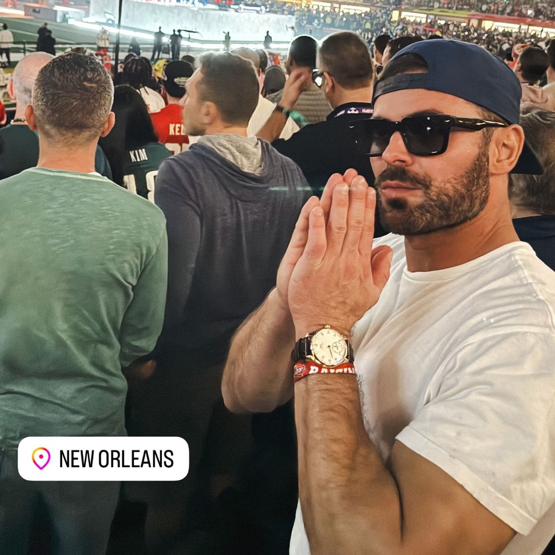 Zac Efron shares a photo from Super Bowl LIX on Instagram