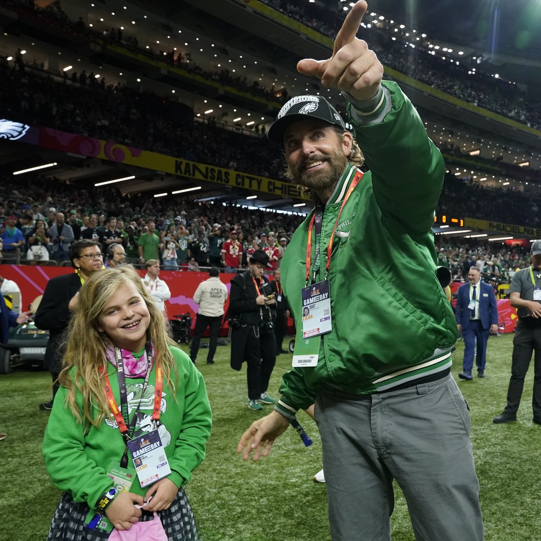 US actor Bradley Cooper walks the sidelines before the start of Super Bowl LIX between the Kansas City Chiefs and the Philadelphia Eagles at Caesars Superdome in New Orleans, Louisiana, February 9, 2025