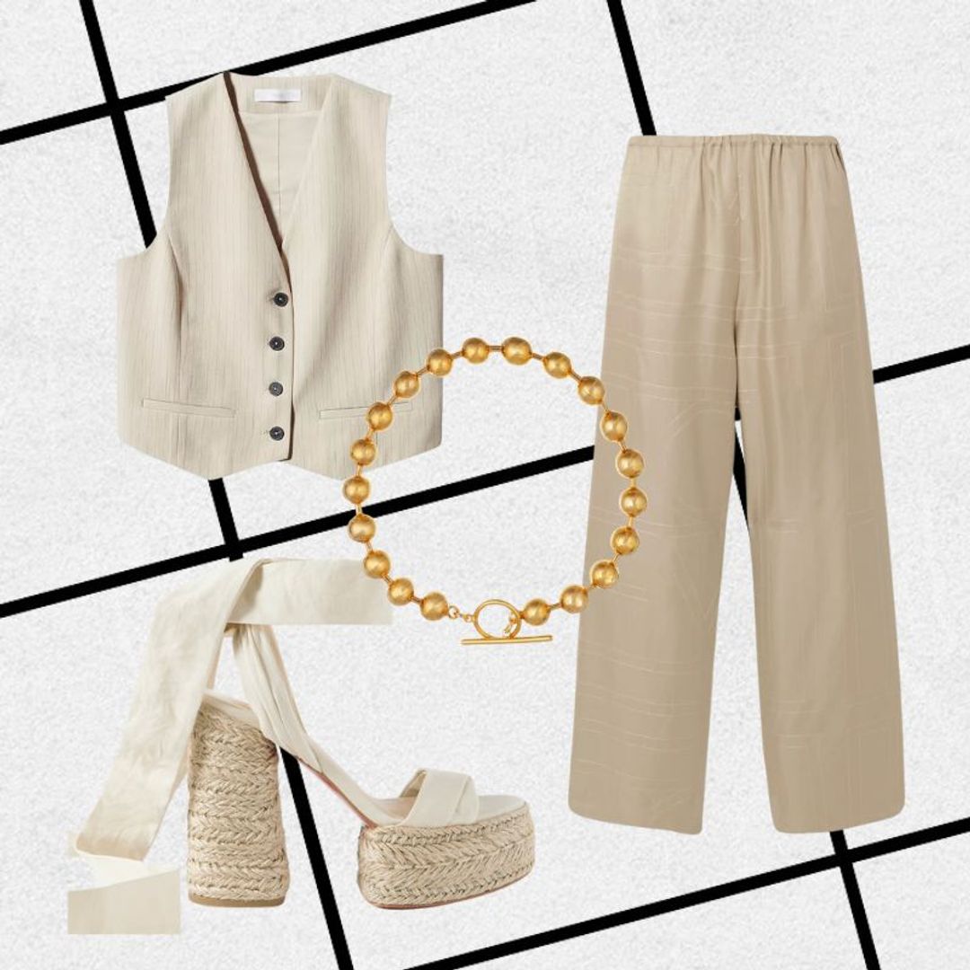 Honeymoon outfit consisting of beige waistcoat, wide-leg trousers, espadrille platforms and gold T-bar necklace
