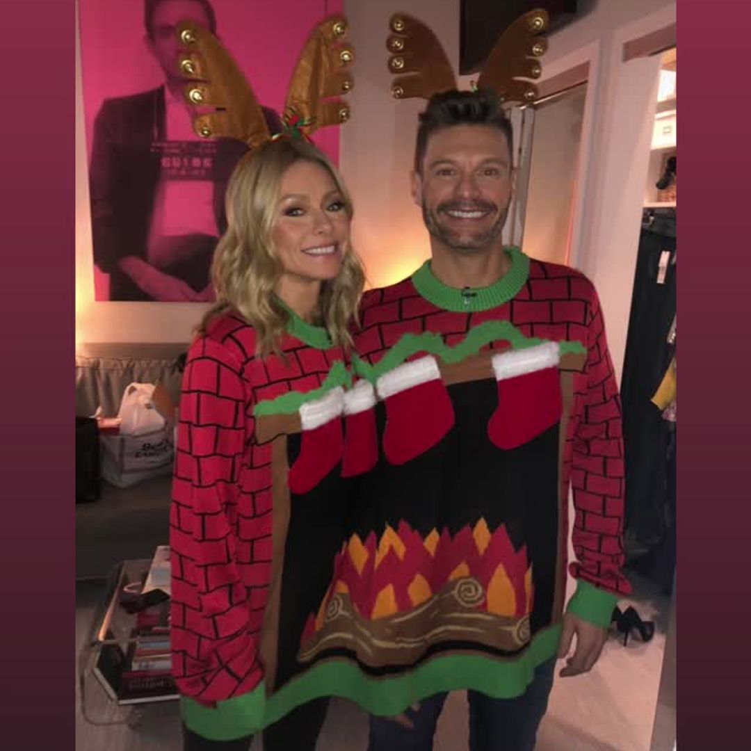 Kelly Ripa shares a tribute to Ryan Seacrest on his birthday with a photo of a combined Christmas sweater, posted on Instagram