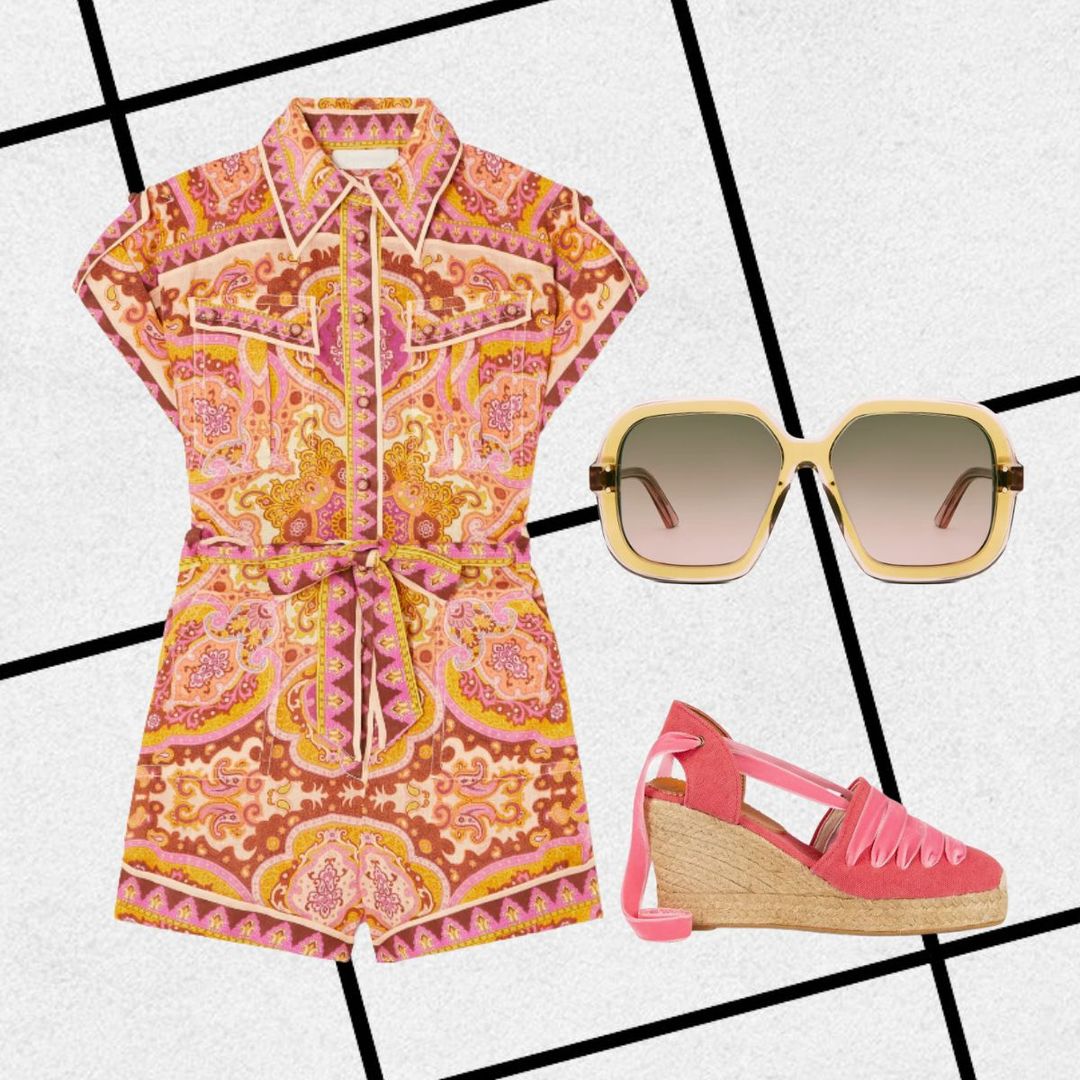 Patterned playsuit with pink espadrilles
