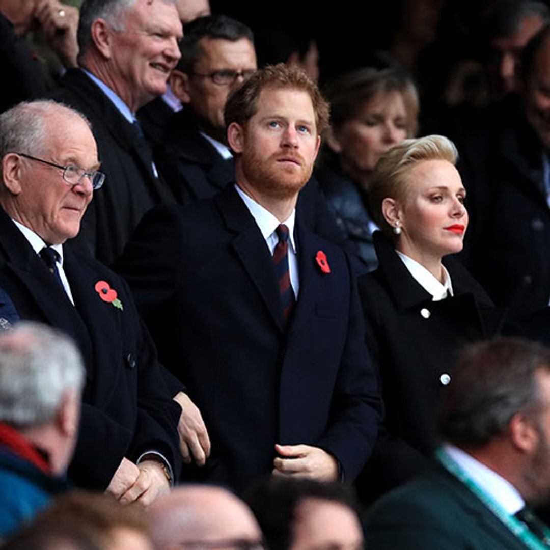 Prince Harry attends rugby match at Twickenham with Princess Charlene of Monaco