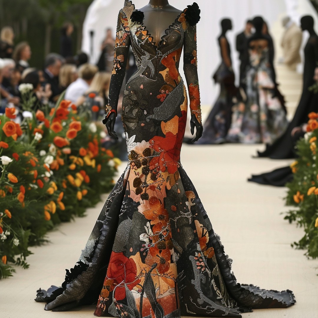 An AI generated gown covered in flowers 
