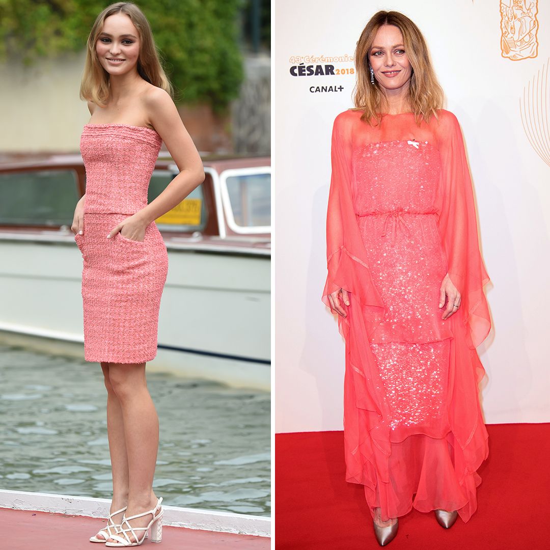 Lily-Rose Depp and Vanessa Paradis wearing salmon outfits 