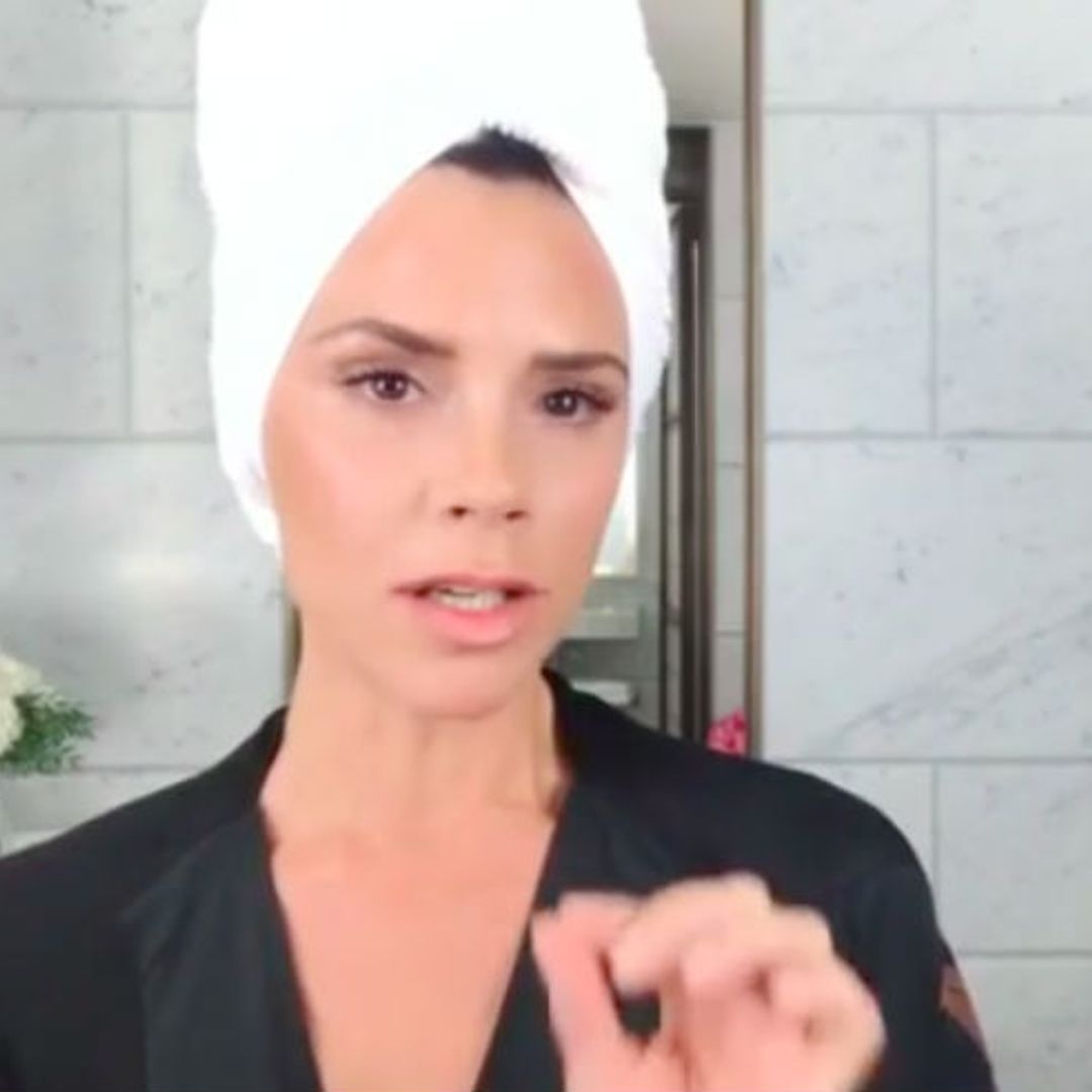 Make-up free Victoria Beckham is all smiles as she treats fans to a beauty tutorial