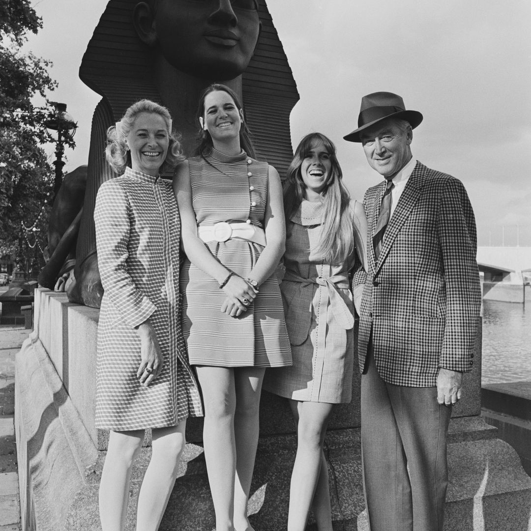 American actor James Stewart (1908 - 1997) with his wife, actress and model Gloria Hatrick McLean (1918 - 1994) and their daughters Judy and Kelly, sightseeing in London, UK, 24th June 1968