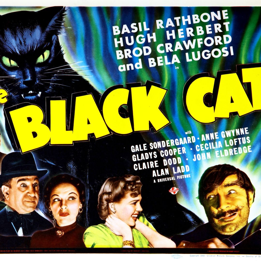 The Black Cat, lobbycard, (from left): Broderick Crawford, Basil Rathbone, Hugh Herbert, Gale Sondergaard, Anne Gwynne, Bela Lugosi, 1941.