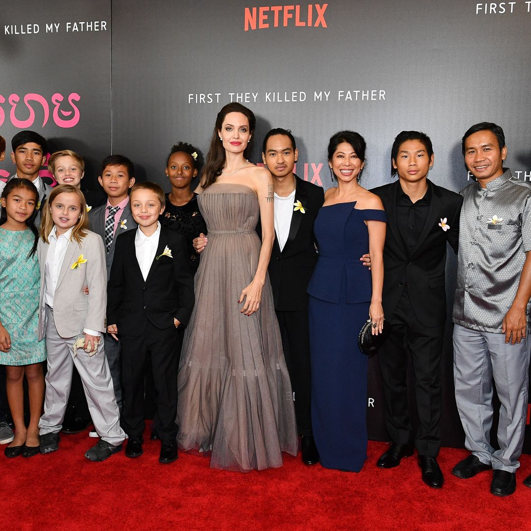 Producer Rithy Panh, Kompheak Phorung, Pax Jolie-Pitt, writer Loung Ung, Maddox Jolie-Pitt, director/writer/producer Angelina Jolie, Zahara Jolie-Pitt, Knox Jolie-Pitt, guest, Vivienne Jolie-Pitt, and Shiloh Jolie-Pitt attend the "First They Killed My Father" New York premiere at DGA Theater on September 14, 2017 in New York City.
