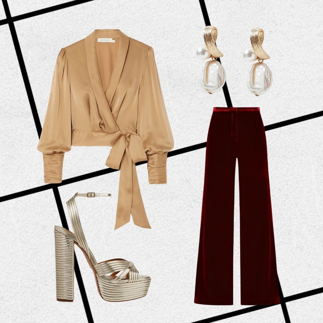 Outfit consisting of red wide-leg velvet trousers, gold blouse, gold platforms, pearl earrings 