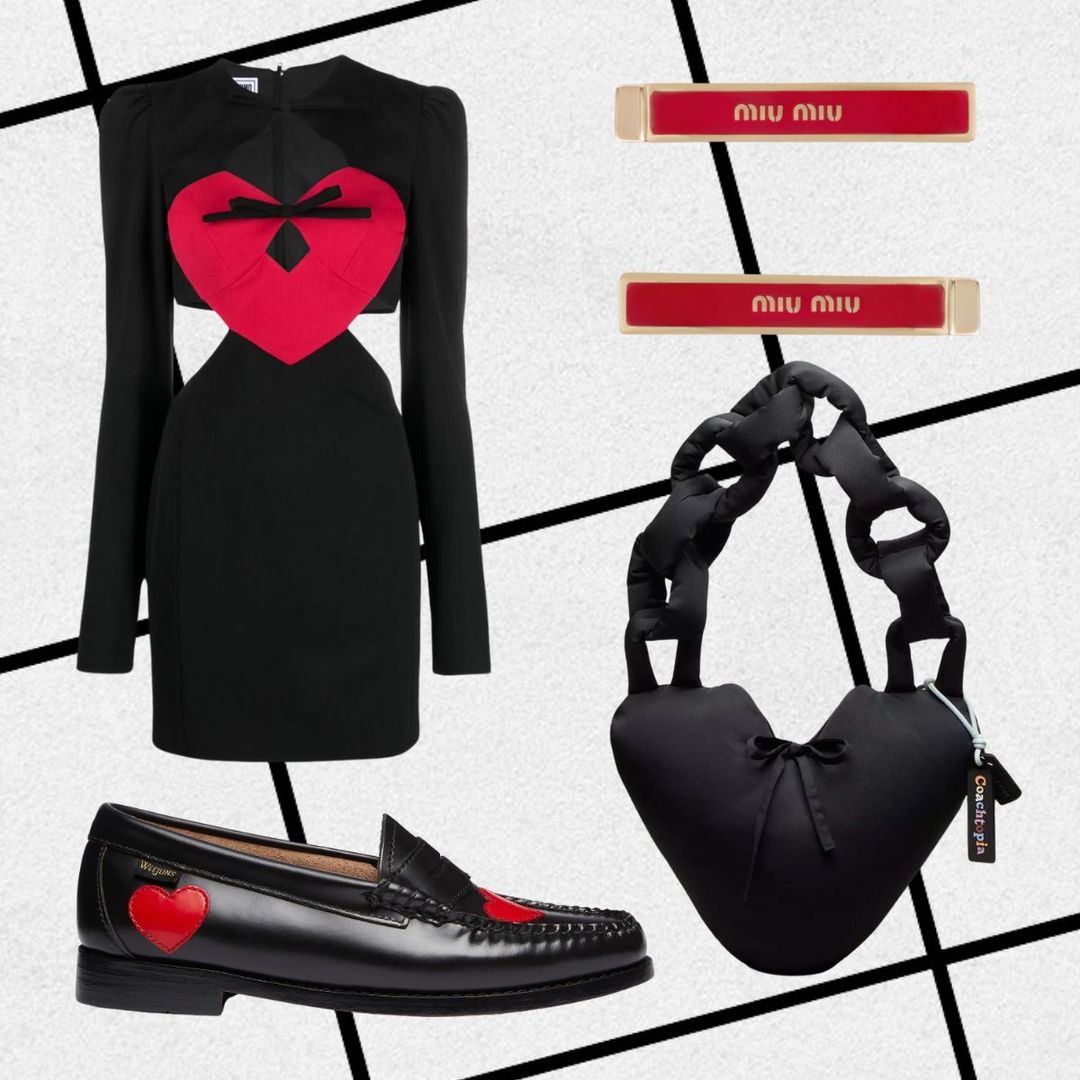 Orion's Valentine's Day outfit: black dress with red heart detailing, black loafers, red hair clips, black heart-shaped bag 