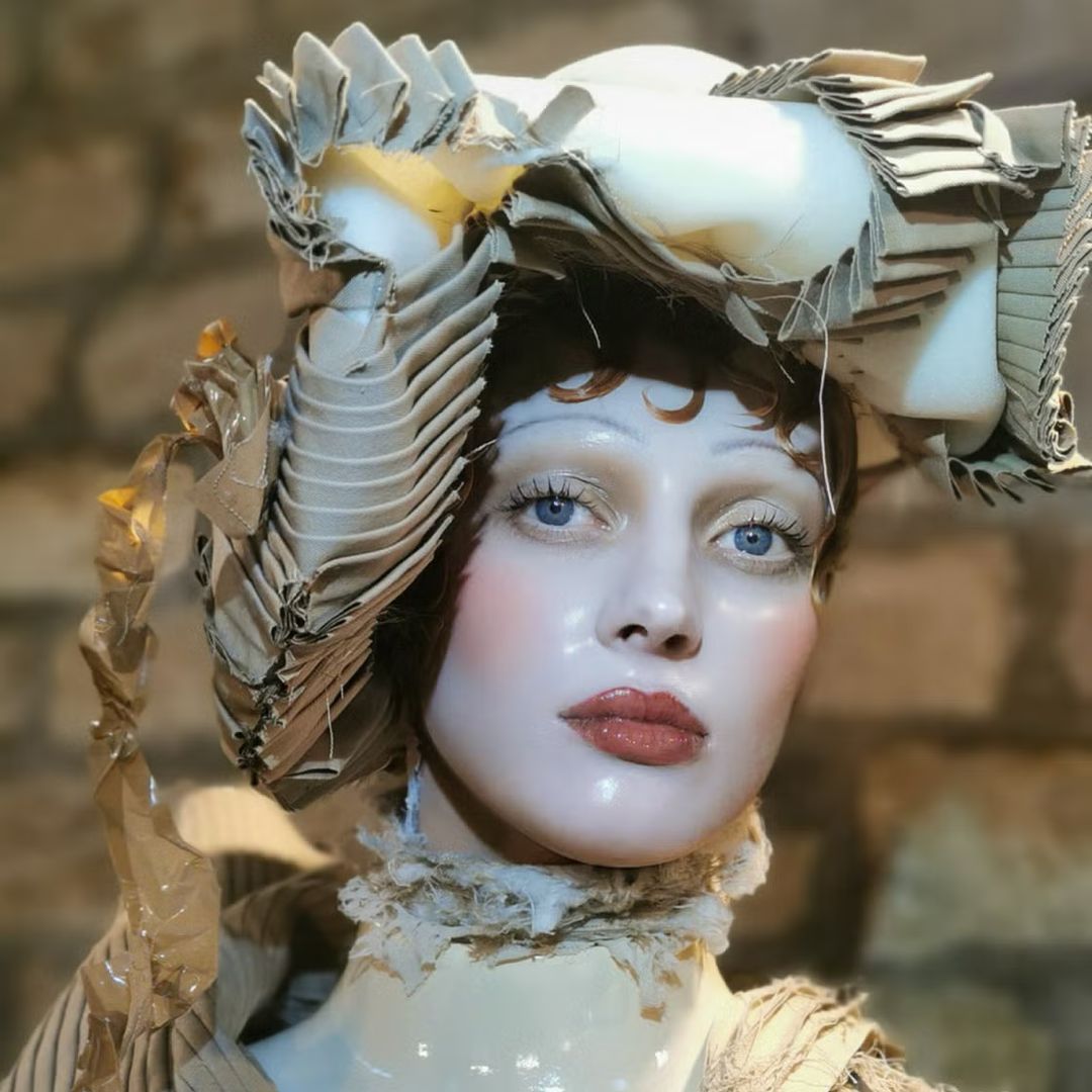 Glass doll mask on a model at the John Galliano's SS24 show