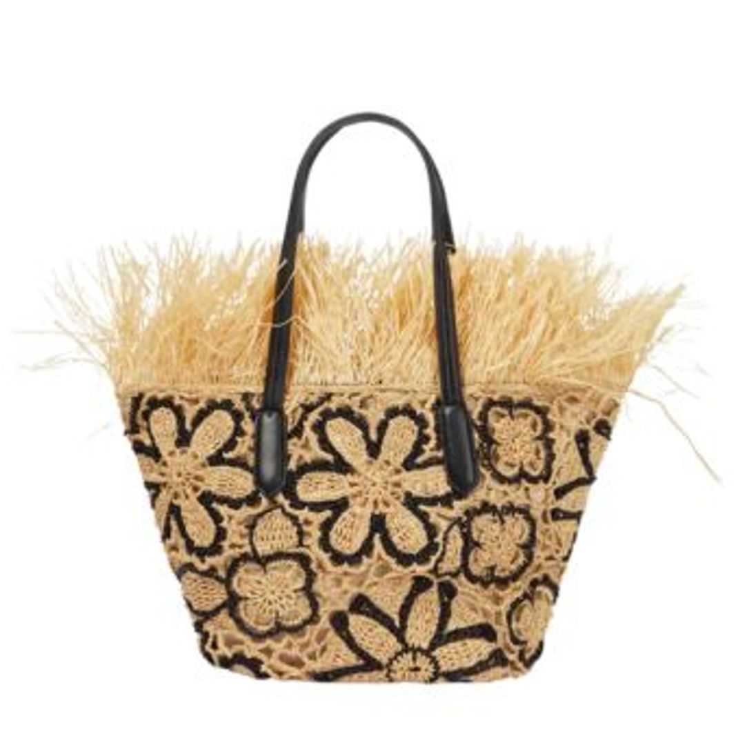 Floral crochet straw basket bag