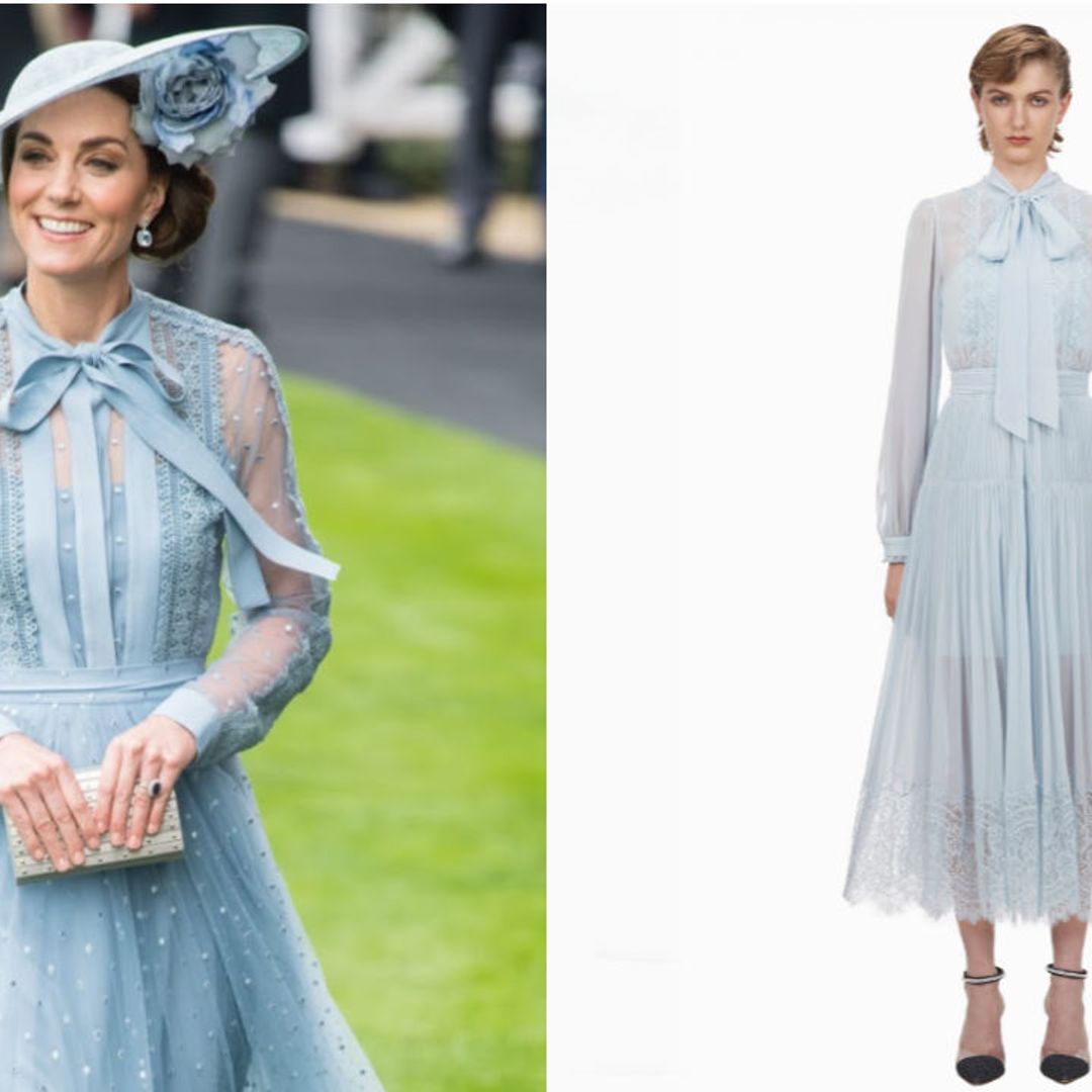 Kate stuns in a recycled blue lace dress by Elie Saab alongside