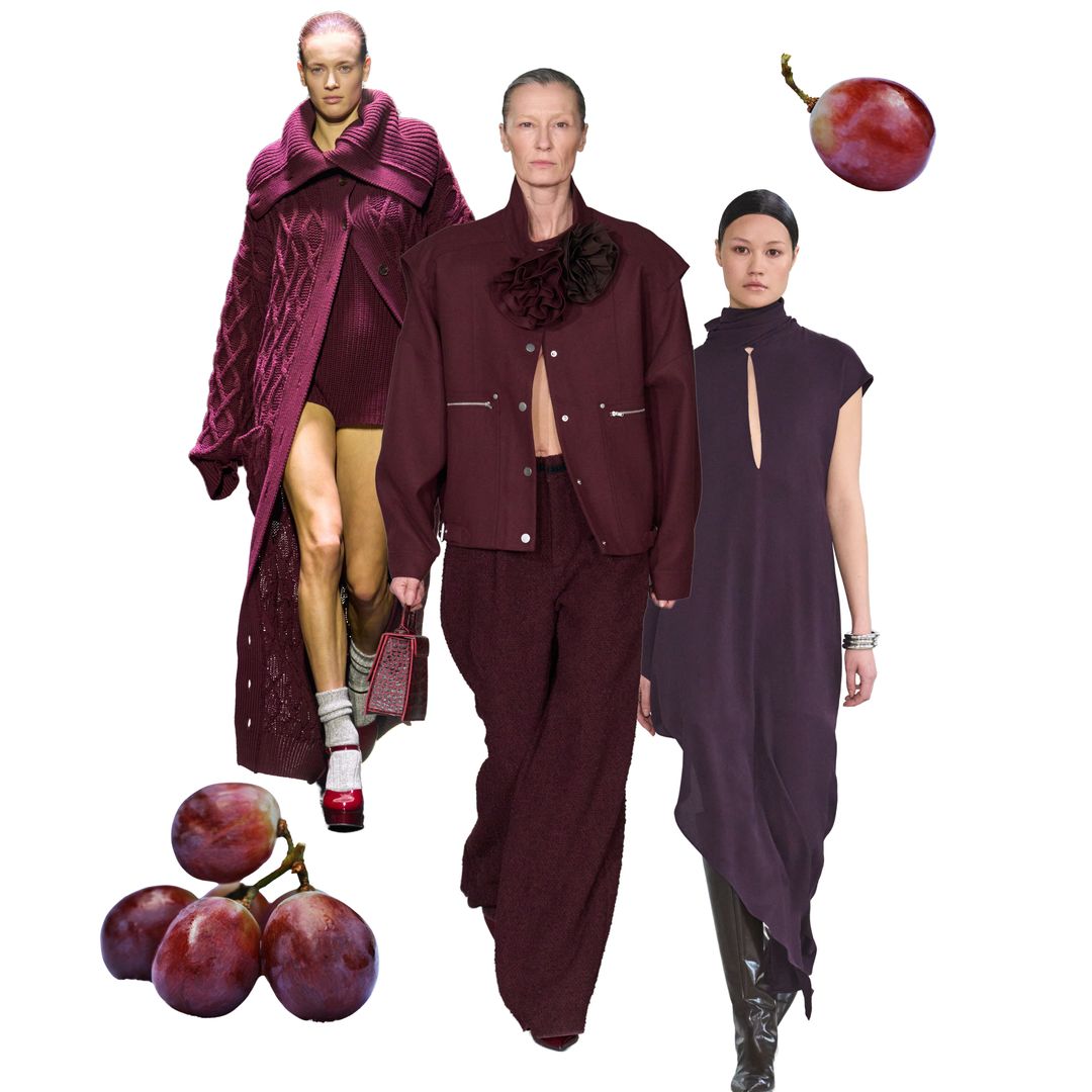 3 models walk down the runway, each wearing deep rich burgundy ensembles