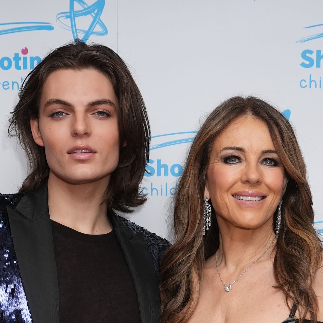 Elizabeth Hurley looks sensational in glittering split-leg dress as she joins son Damian at charity ball