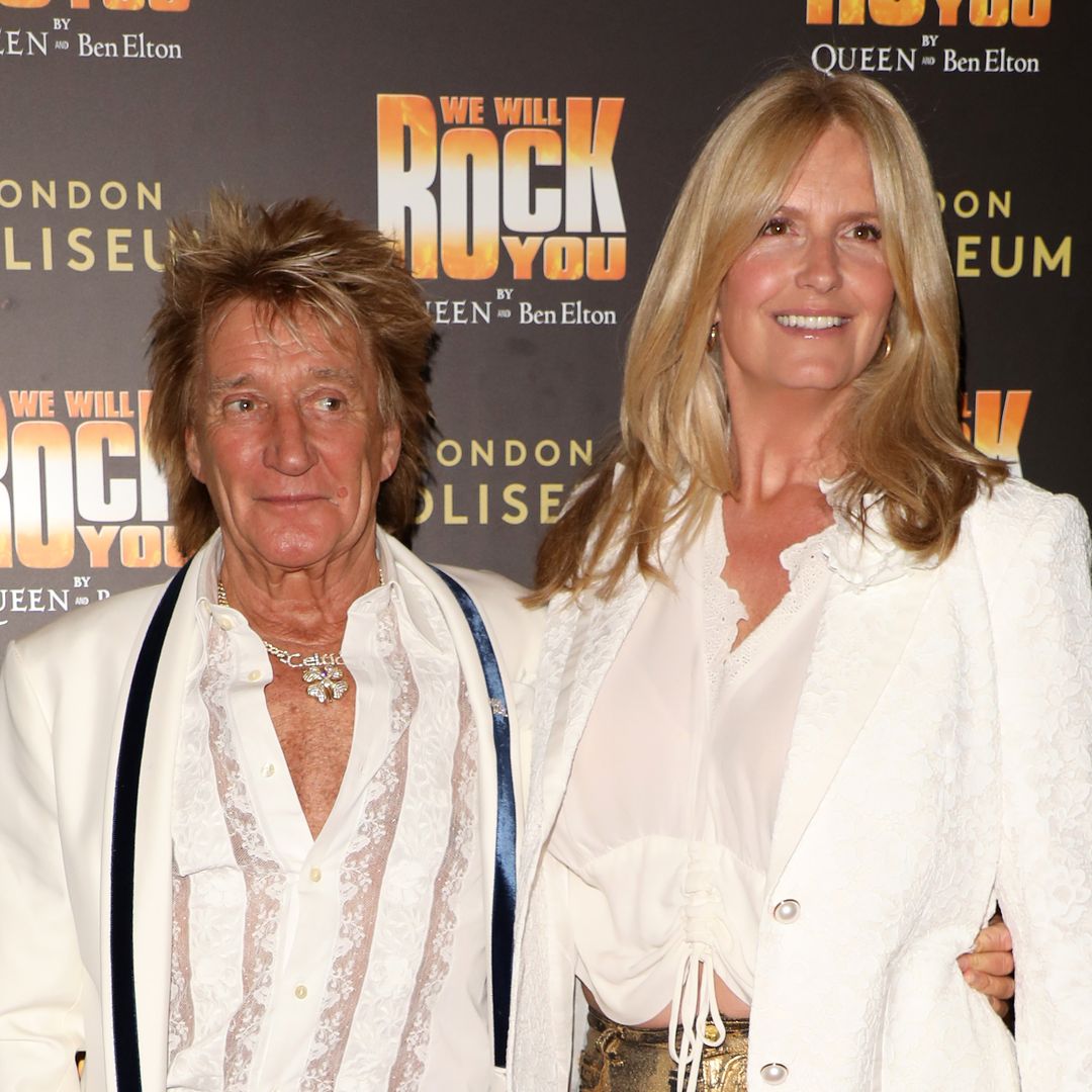 Penny Lancaster towers over husband Rod Stewart in ravishing pair of golden trousers