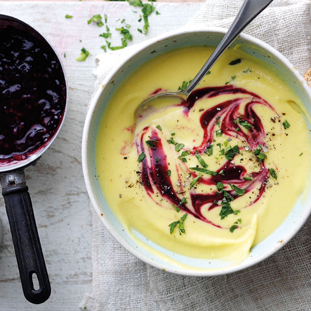 This vegan sweet potato soup recipe has a surprising berry twist