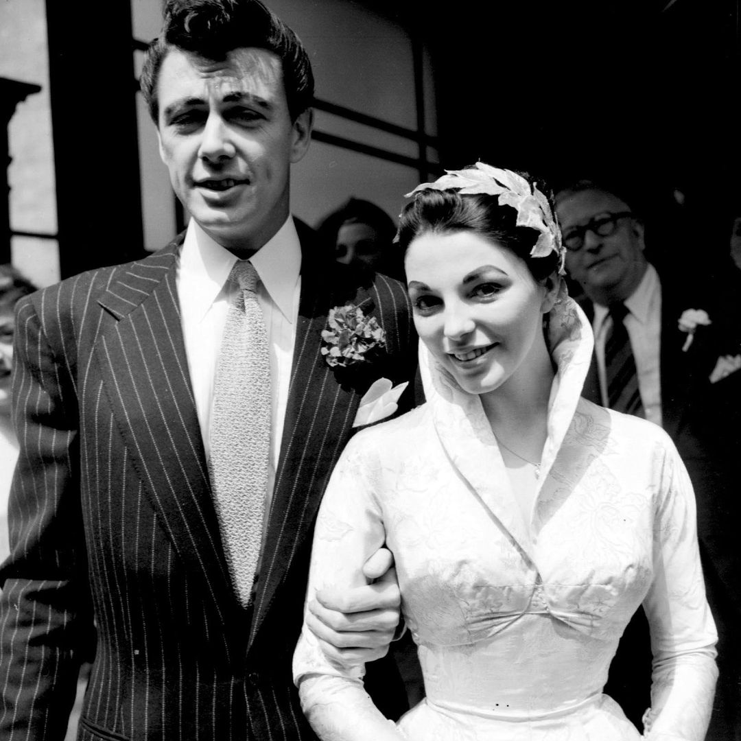 Actor Maxwell Reed and his bride actress Joan Collins after their wedding at Caxton Hall Register Office, London.