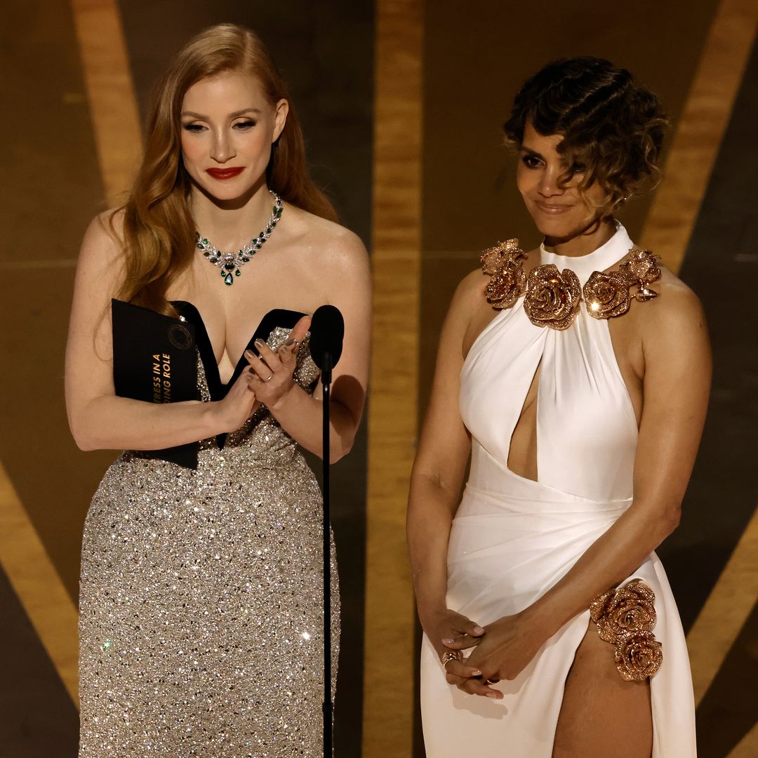 Halle on stage at the Oscars with Jessica Chastain