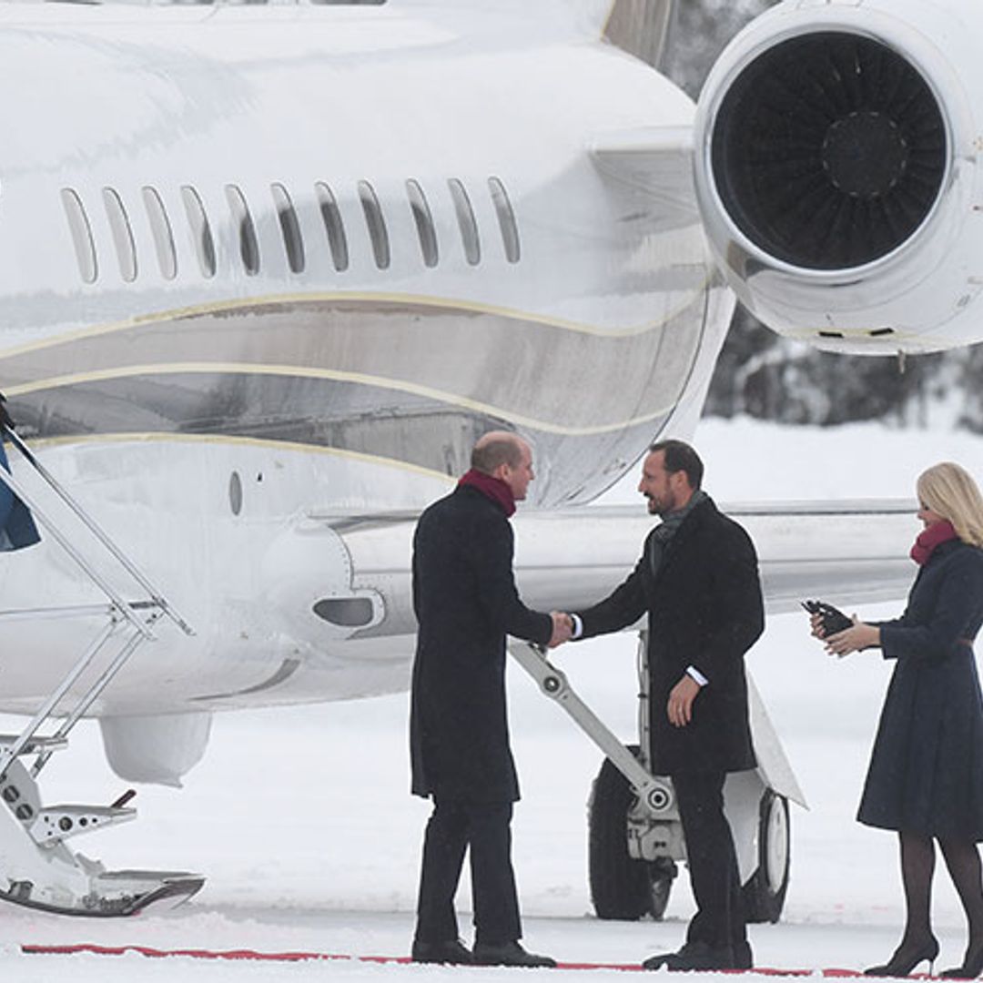Duchess Kate touches down in Oslo, wearing blue Catherine Walker coat