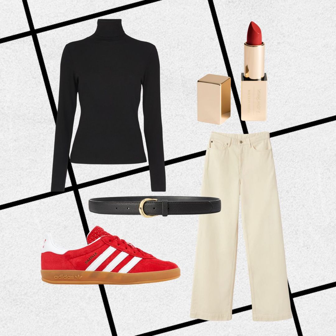 Outfit consisting of black polo top, cream trousers, red trainers, black belt and red lipstick 