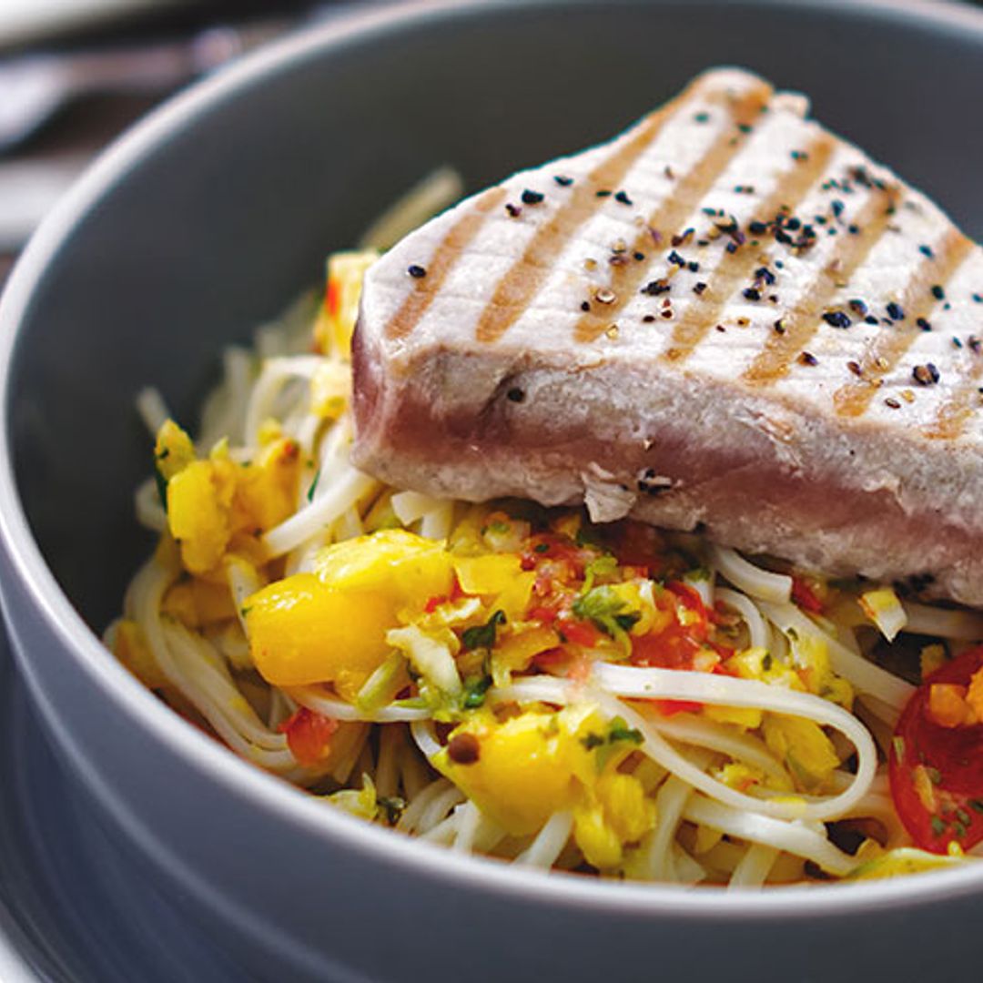 Recipe of the week: Seared tuna on a bed of noodles with a warm mango, orange and coriander salsa