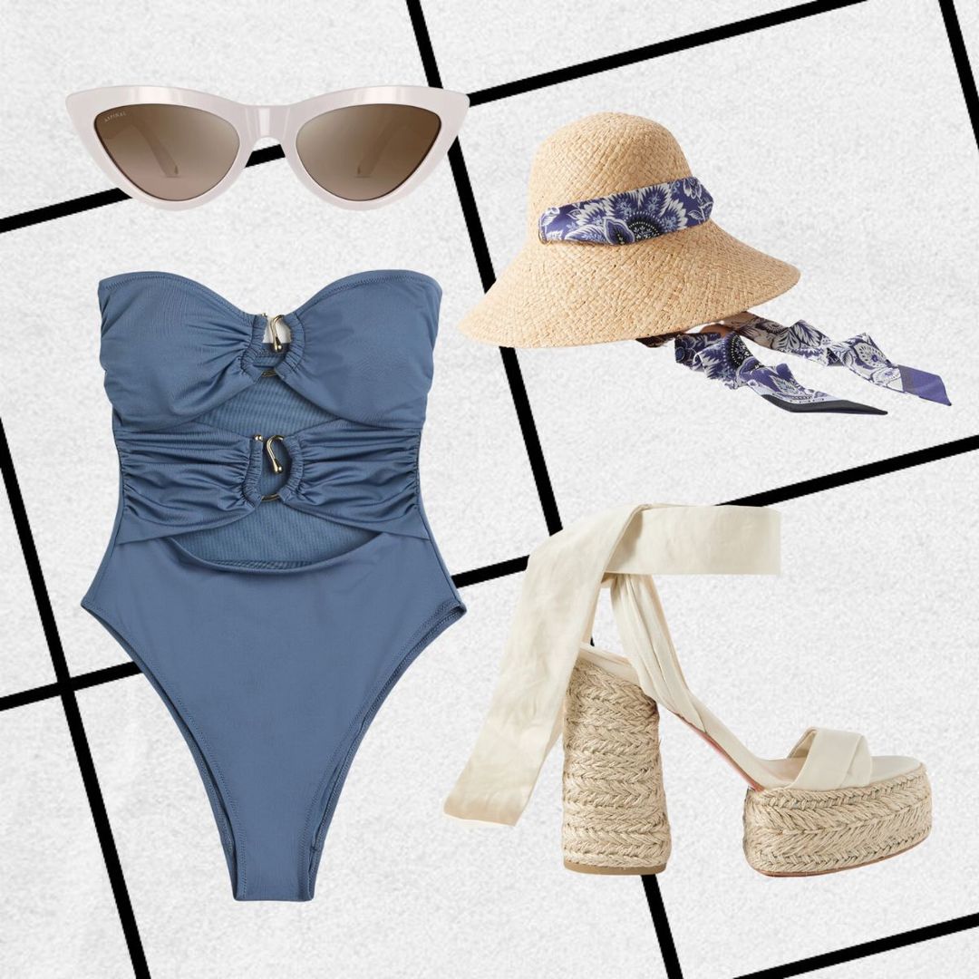 Outfit consisting of blue strapless swimsuit, espadrille heels, sunhat with printed tie and cat-eye sunglasses 
