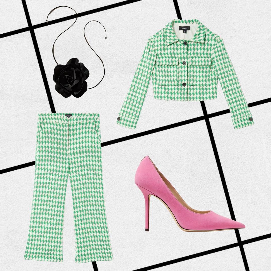Outfit consisting of green tween suit co-ord, black floral choker necklace and pink stilettos 