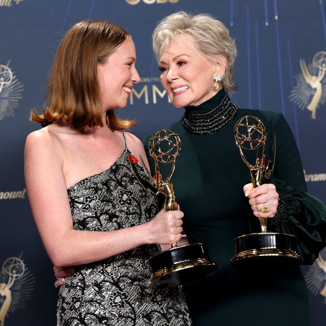 Hannah Einbinder and Jean Smart, winners of Outstanding Supporting Actress in a Comedy Series and Lead Actress in a Comedy Series for "Hacks,"  poses in the press room during the 77th Primetime Emmy Awards at Peacock Theater on September 14, 2025 in Los Angeles, California. 